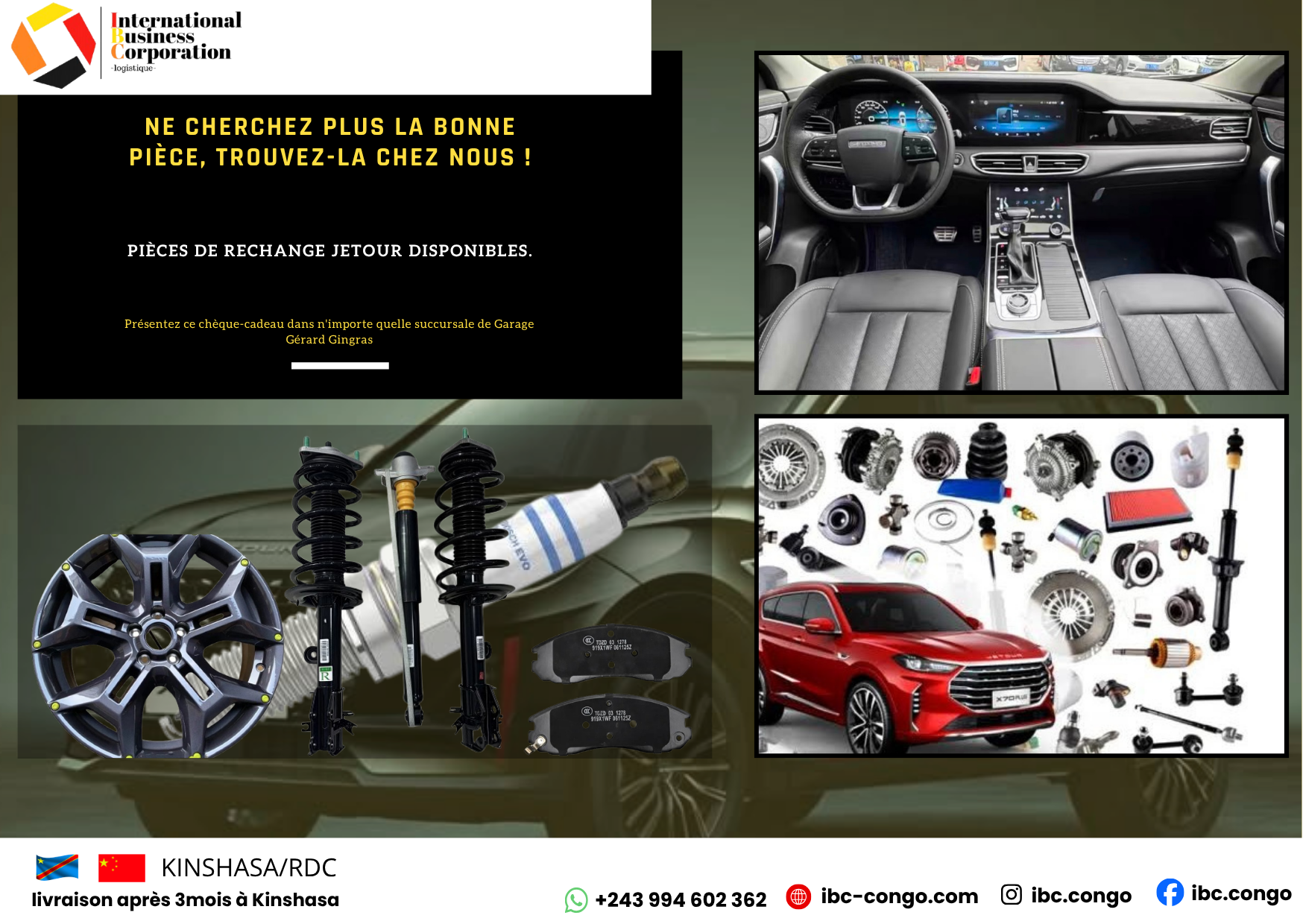 ### 🔧🚘 Pièces de rechange Jetour IBC vous propose des **pièces de rechange pour toutes les séries Jetour**, notamment **X70, X70 Plus, X90, X90 Plus** et autres modèles. 🇨🇳 **Provenance : Chine** 🔩 **Moteur • Freinage • Suspension • Électricité • Carrosserie • Éclairage** 📦 **Commande & importation disponibles** 🔥 **Besoin d’une pièce pour votre Jetour ? Nous pouvons vous la trouver !** **IBC — Qualité • Disponibilité • Fiabilité**