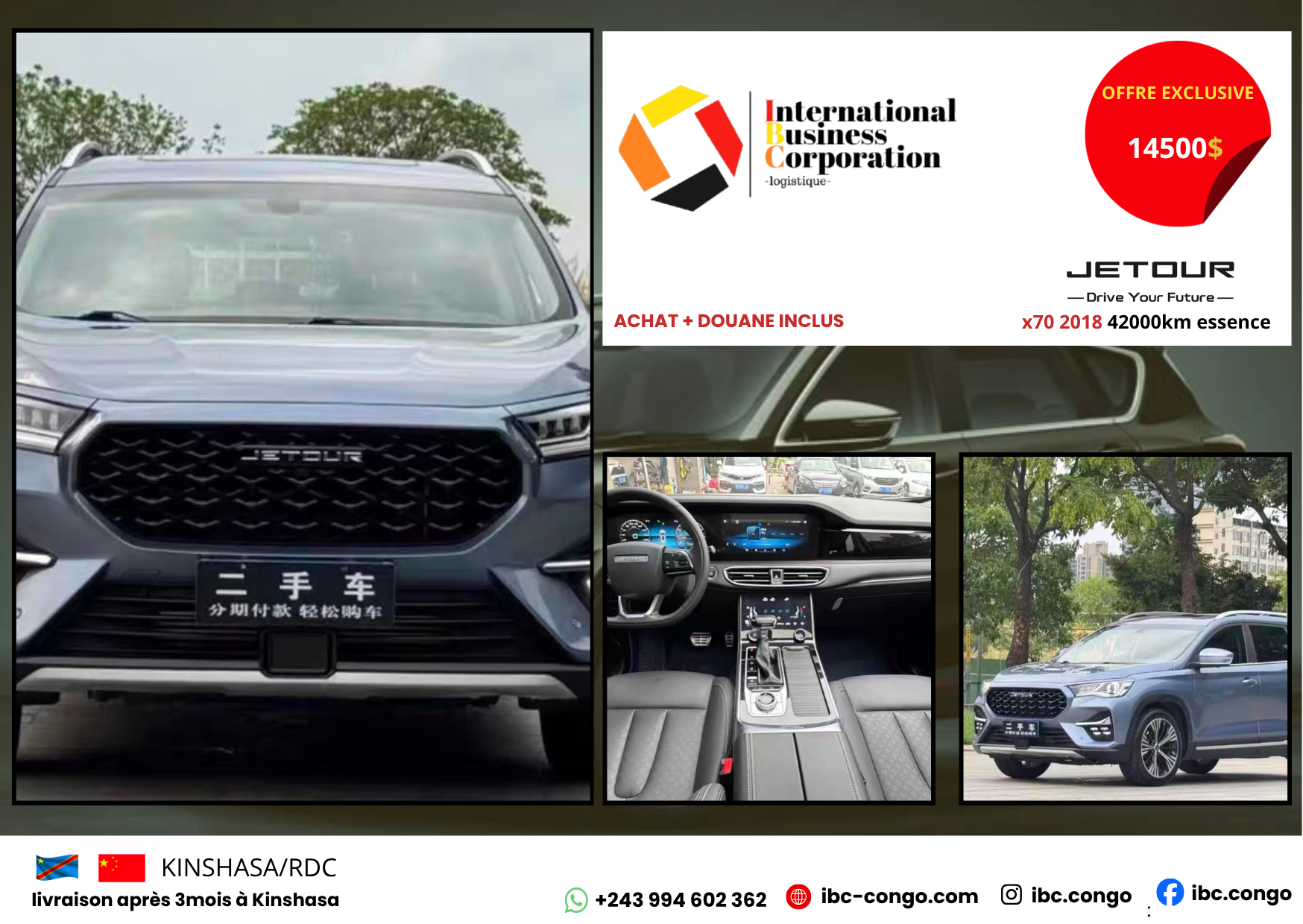 ### 🚘 Jetour X70 2018 SUV moderne et spacieux alliant **style, confort et praticité**, avec seulement **42 000 km** au compteur et une motorisation essence. 🇨🇳 **Provenance : Chine** 📅 **Année : 2018** • ⛽ **Essence** • 🛣️ **42 000 km** 🔥 **Achat + douane inclus** 🚢 **Livraison à Kinshasa après 3 mois** ⏳ **Offre limitée — Réservez dès maintenant !** **IBC — Votre véhicule, notre engagement.**